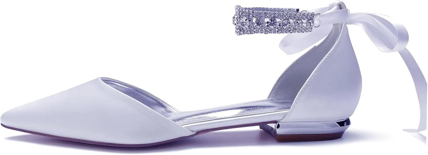 Bride Heel Low Flat for Women Wedding Shoes Ankle Strap Closed Bridal Crystal Court Shoes Pointed Toe Pumps Sandals Bowknot Comfortable
