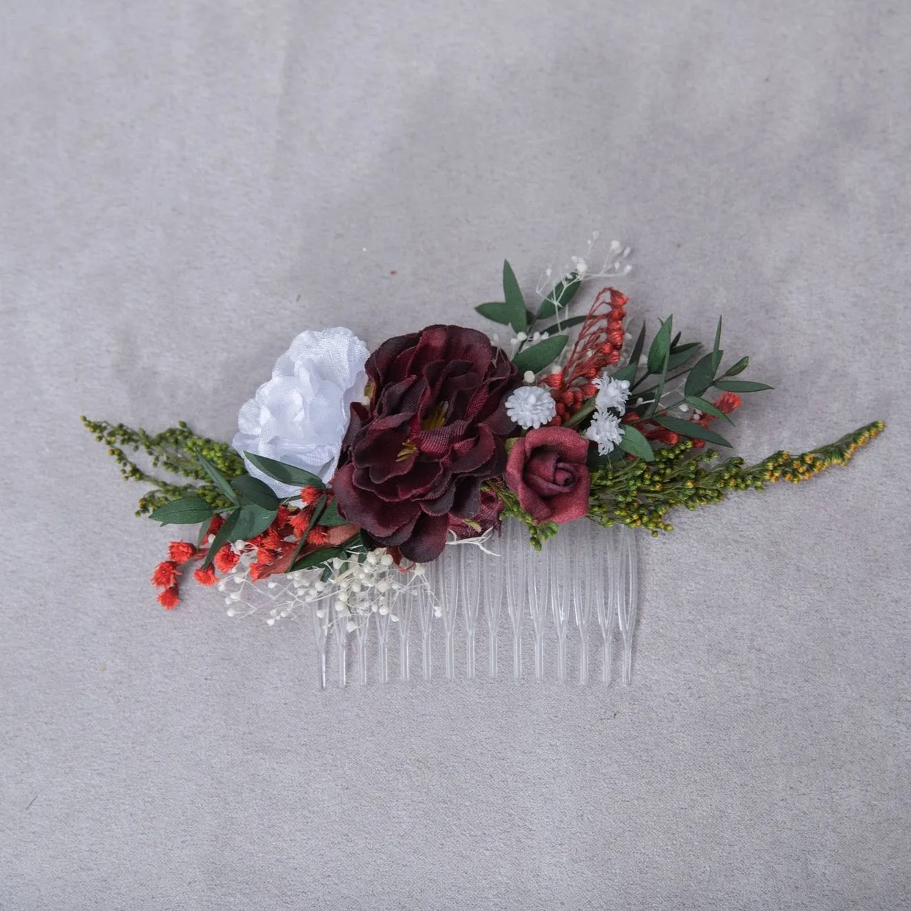 Burgundy and white bridal hair comb Flower bridal comb Wedding hair comb Magaela Customisable bridal hair comb Natural bridal headpiece