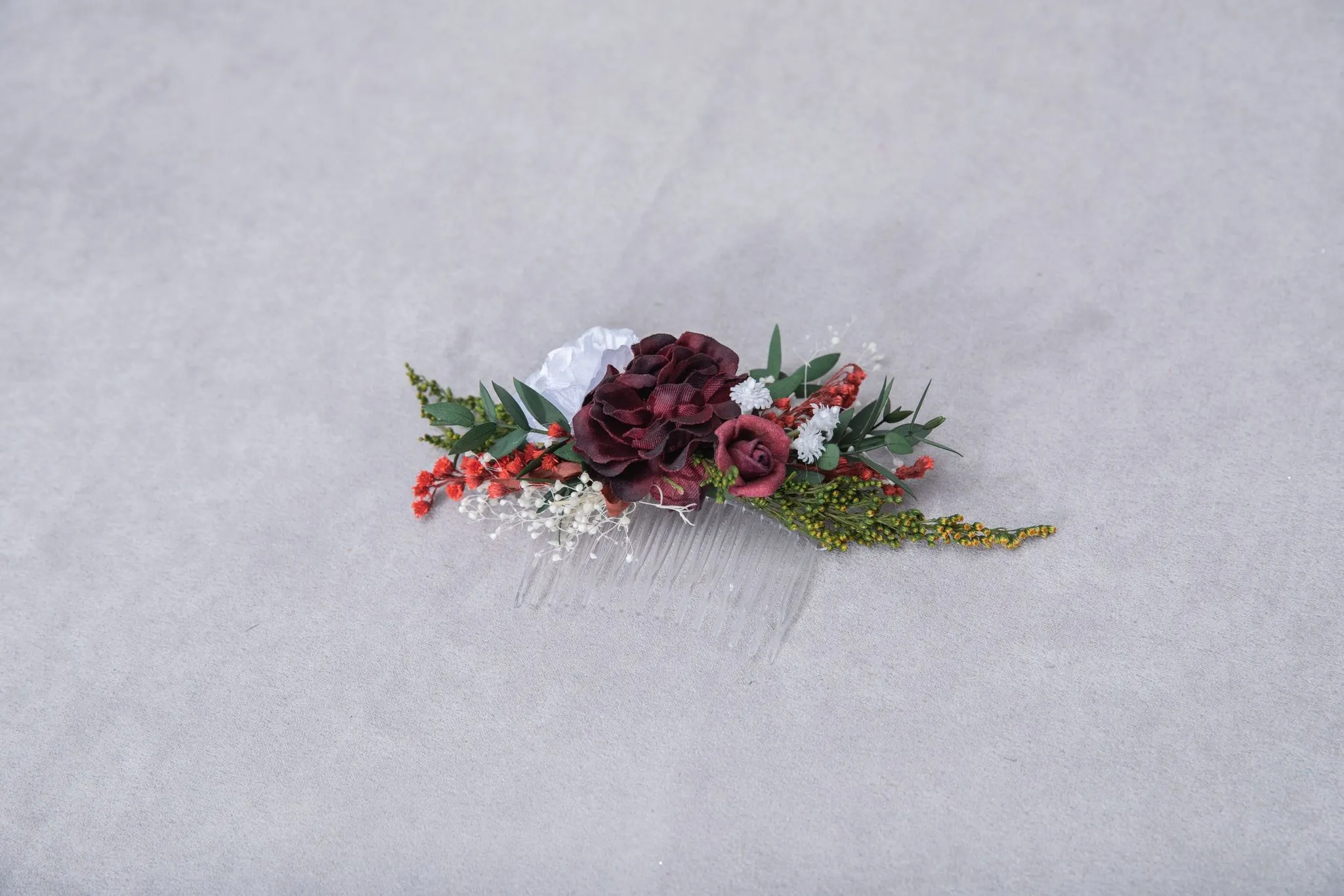 Burgundy and white bridal hair comb Flower bridal comb Wedding hair comb Magaela Customisable bridal hair comb Natural bridal headpiece