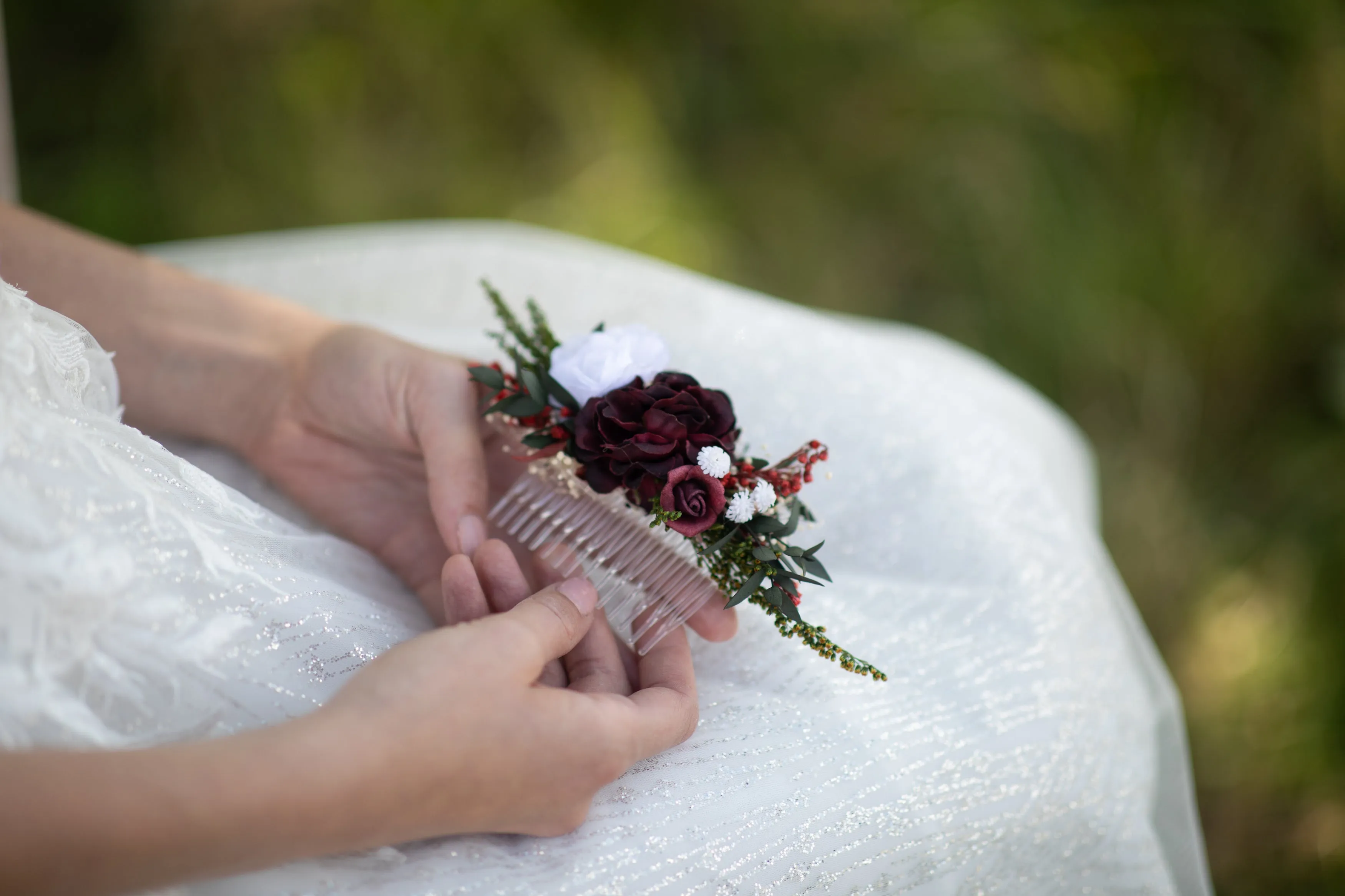 Burgundy and white bridal hair comb Flower bridal comb Wedding hair comb Magaela Customisable bridal hair comb Natural bridal headpiece