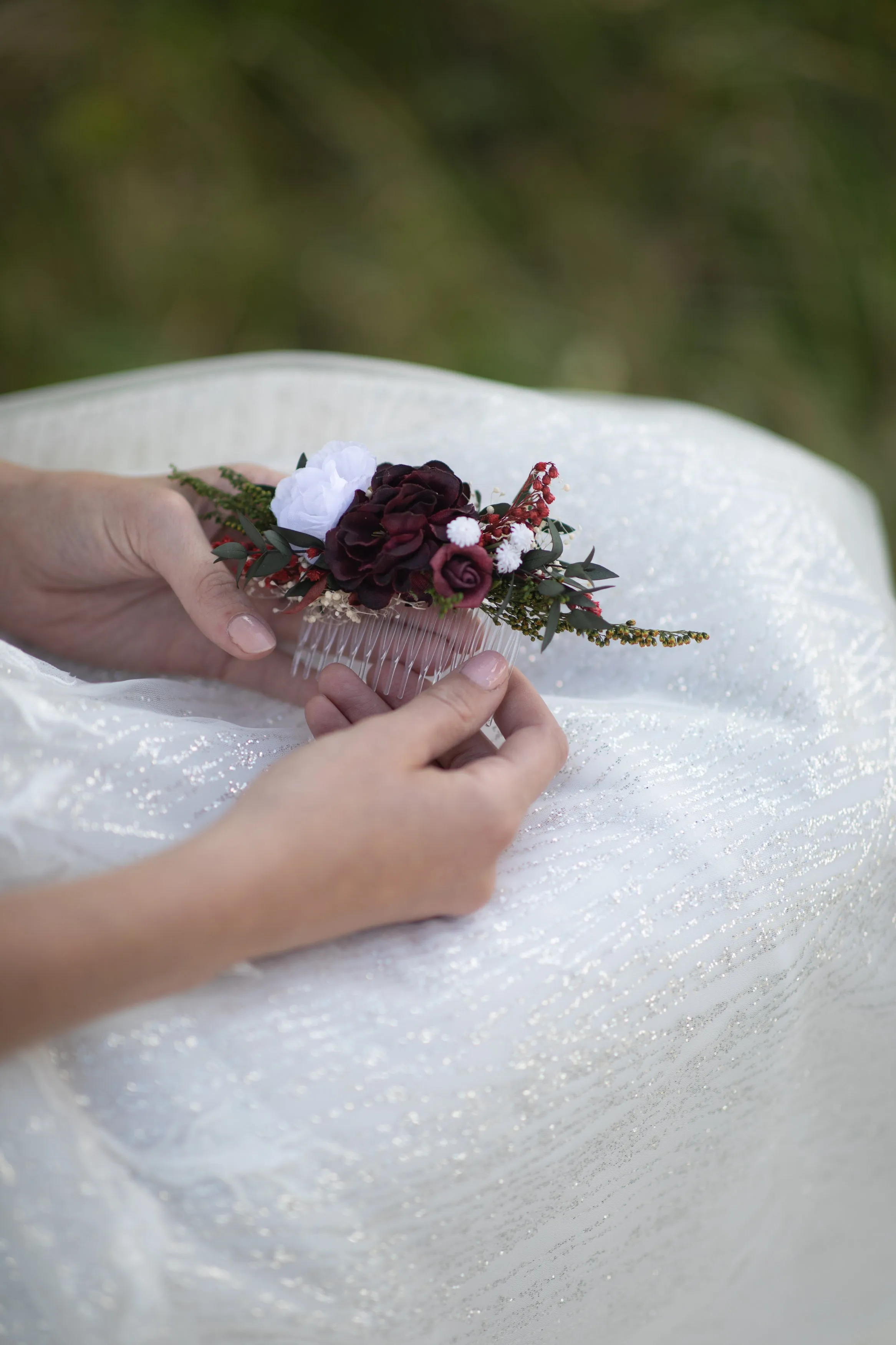 Burgundy and white bridal hair comb Flower bridal comb Wedding hair comb Magaela Customisable bridal hair comb Natural bridal headpiece