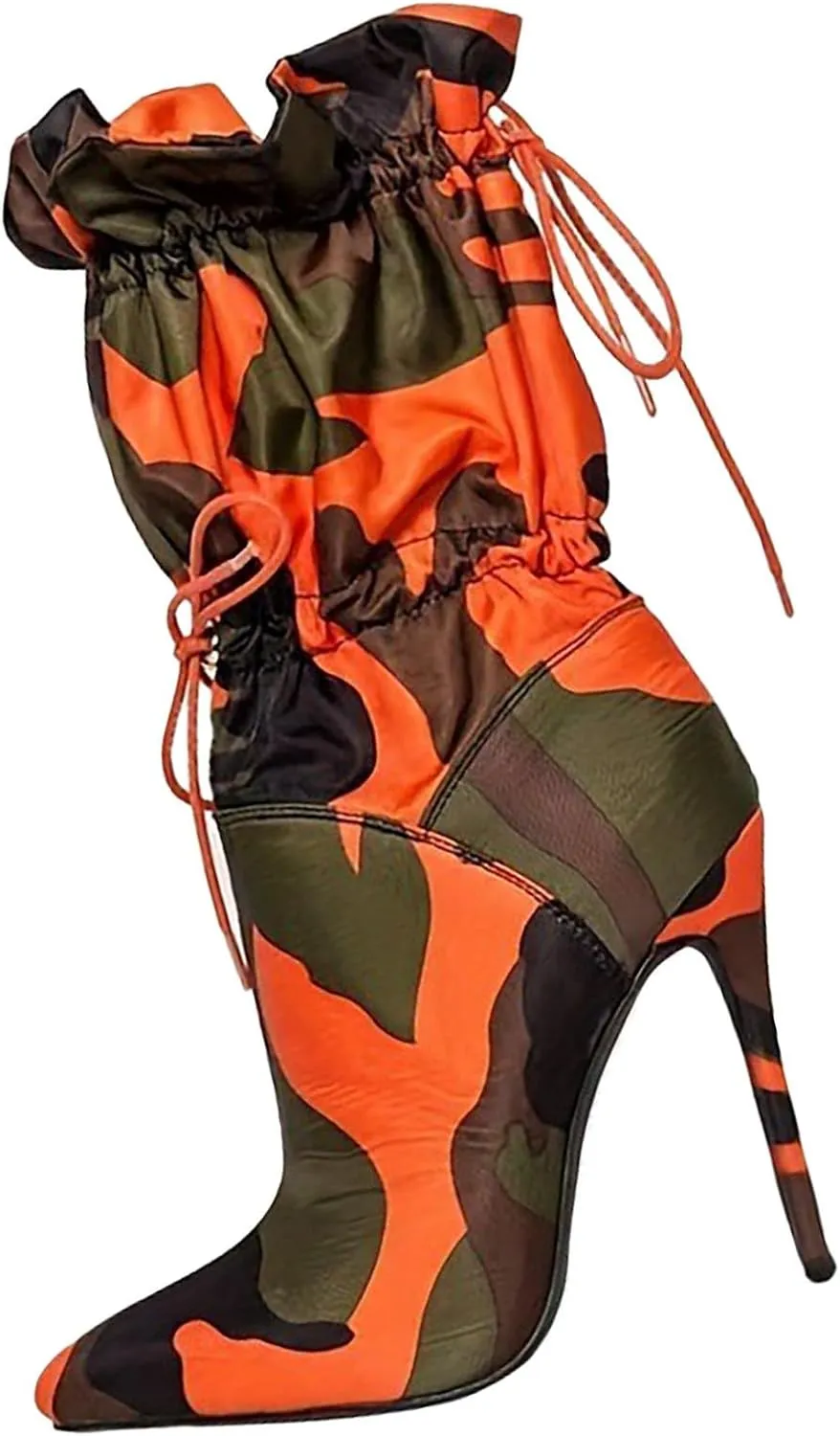 Camouflage Pointed Toe Mid-Calf Boots for Women Stiletto High Heels Boots Elastic Lace Fabric Stretchy Ankle Booties