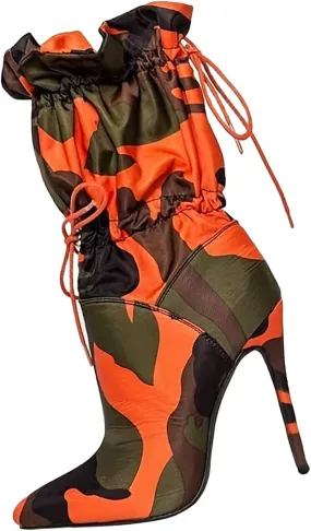 Camouflage Pointed Toe Mid-Calf Boots for Women Stiletto High Heels Boots Elastic Lace Fabric Stretchy Ankle Booties