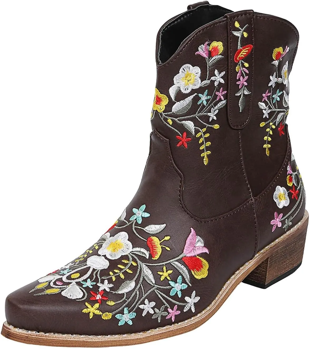 Cathalem Boots for Women, Women Flower Embroidered Ankle Cowgirl Boots Square Toe Western Boots Chunky Heel Pull On Boots