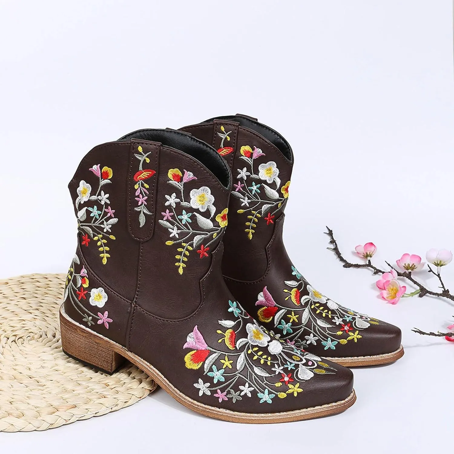 Cathalem Boots for Women, Women Flower Embroidered Ankle Cowgirl Boots Square Toe Western Boots Chunky Heel Pull On Boots