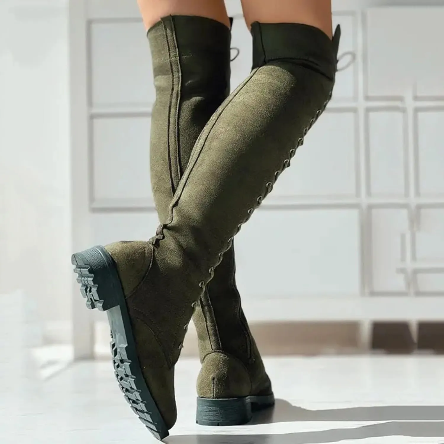 Cathalem Over the Knee Boots for Women Platform Thigh High Boots Chunky Heel Knee High Boots Round Toe Stretch Boots