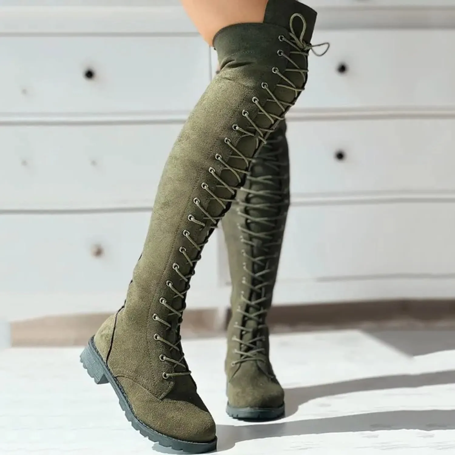 Cathalem Over the Knee Boots for Women Platform Thigh High Boots Chunky Heel Knee High Boots Round Toe Stretch Boots