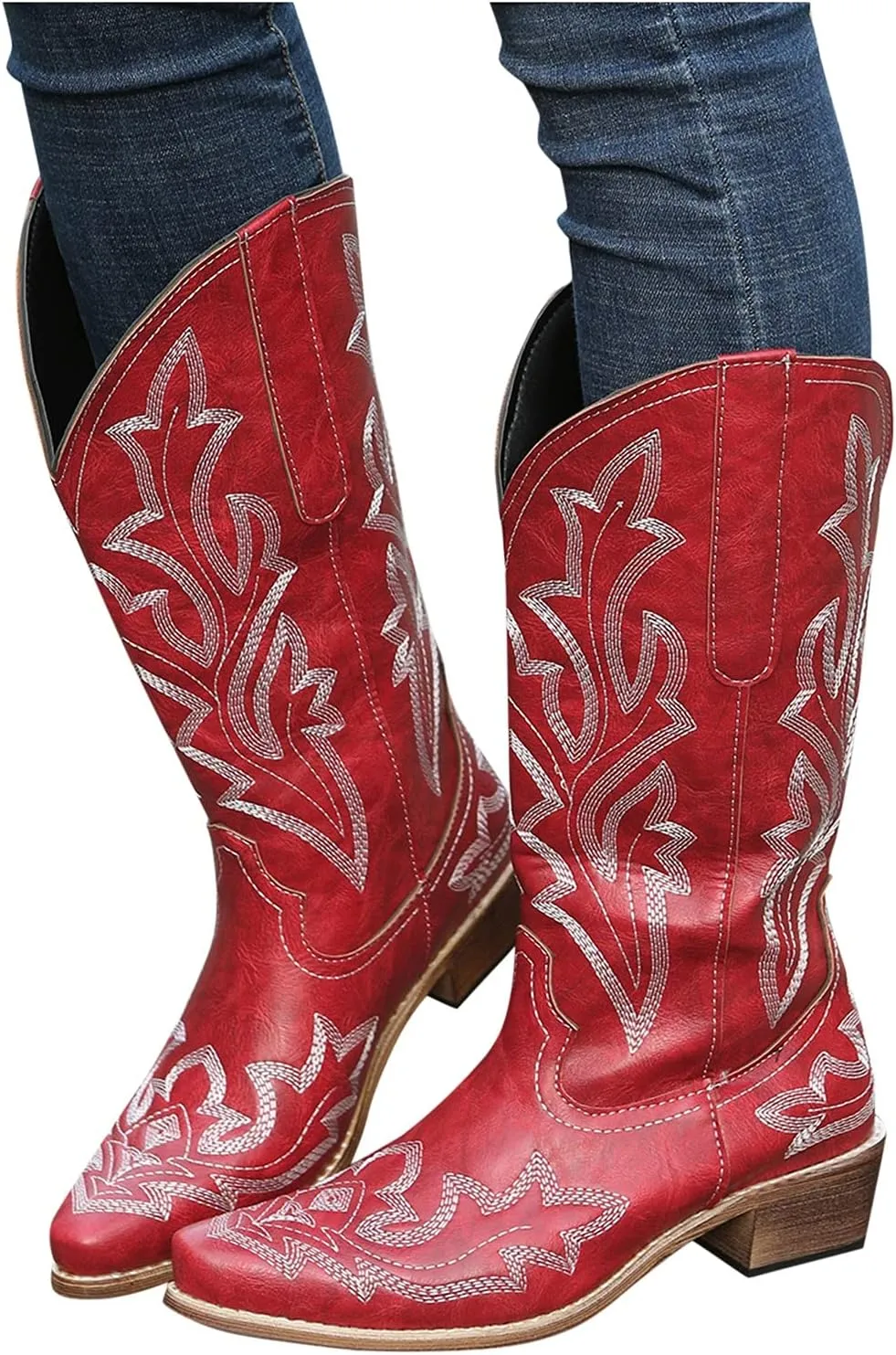 Cowboy Boots for Women Knee High Cowgirl Boots With Classic Embroidered Slip On Pointed Toe Chunky Heel Pull On
