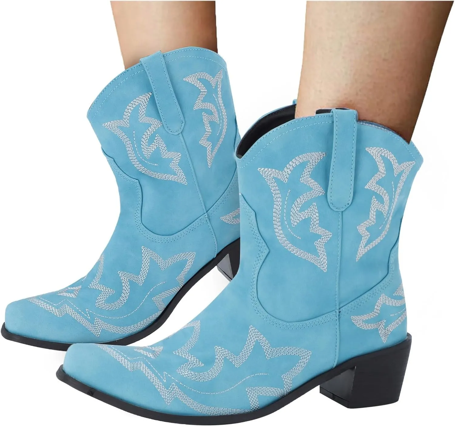 Cowboy Boots for Women Mid Calf Cowgirl Boots Western Chunky Heel Pointed Toe Low Heel Embroidered Cowboy Boots Women