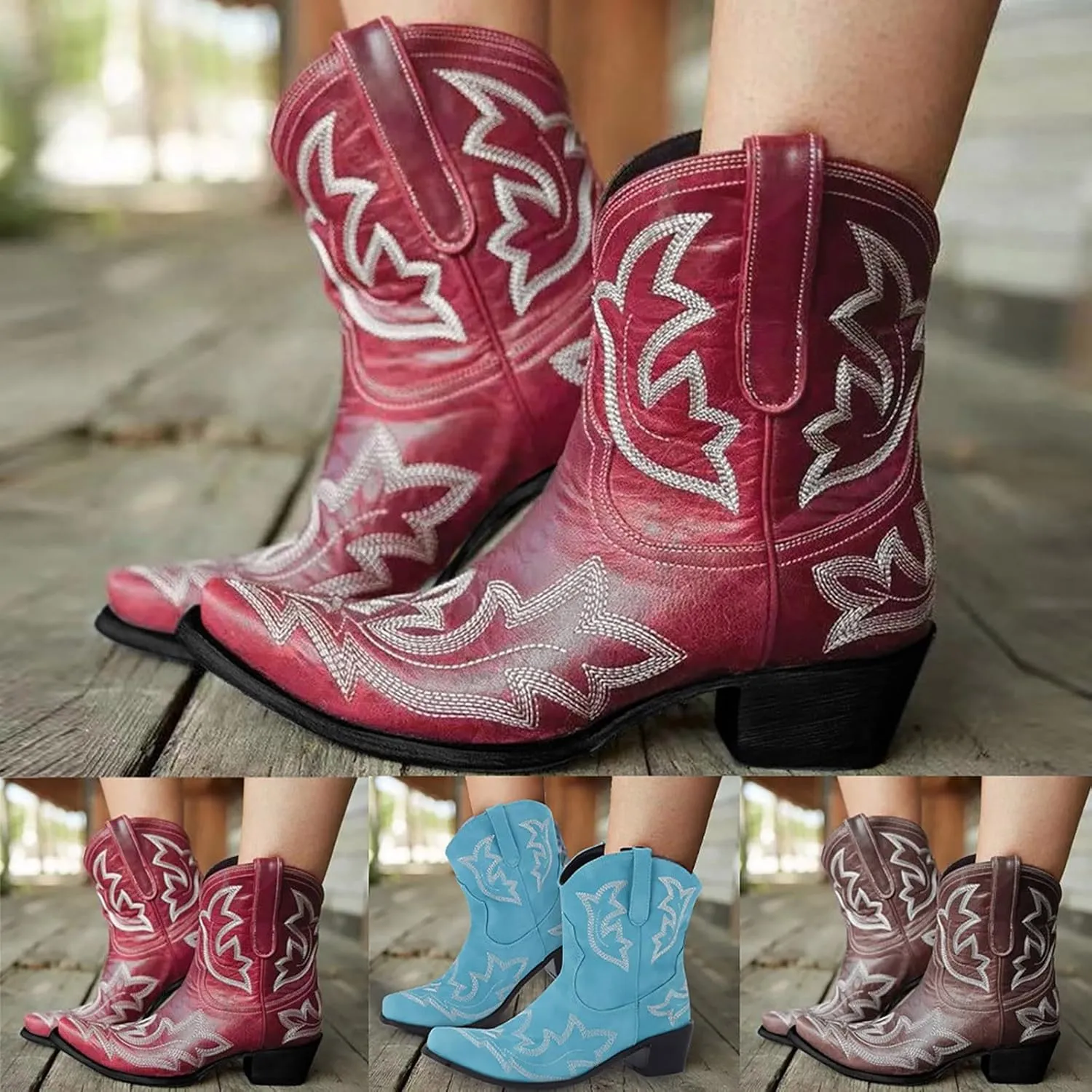 Cowboy Boots for Women Mid Calf Cowgirl Boots Western Chunky Heel Pointed Toe Low Heel Embroidered Cowboy Boots Women