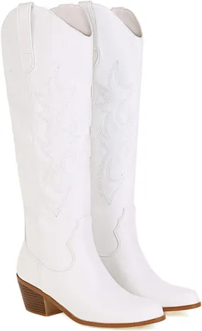 Cowboy Boots For Women Mid Calf Cowgirl Western Boots Embroidered Pull-On Chunky Heel Knee High Pointed Toe Fashion Boot
