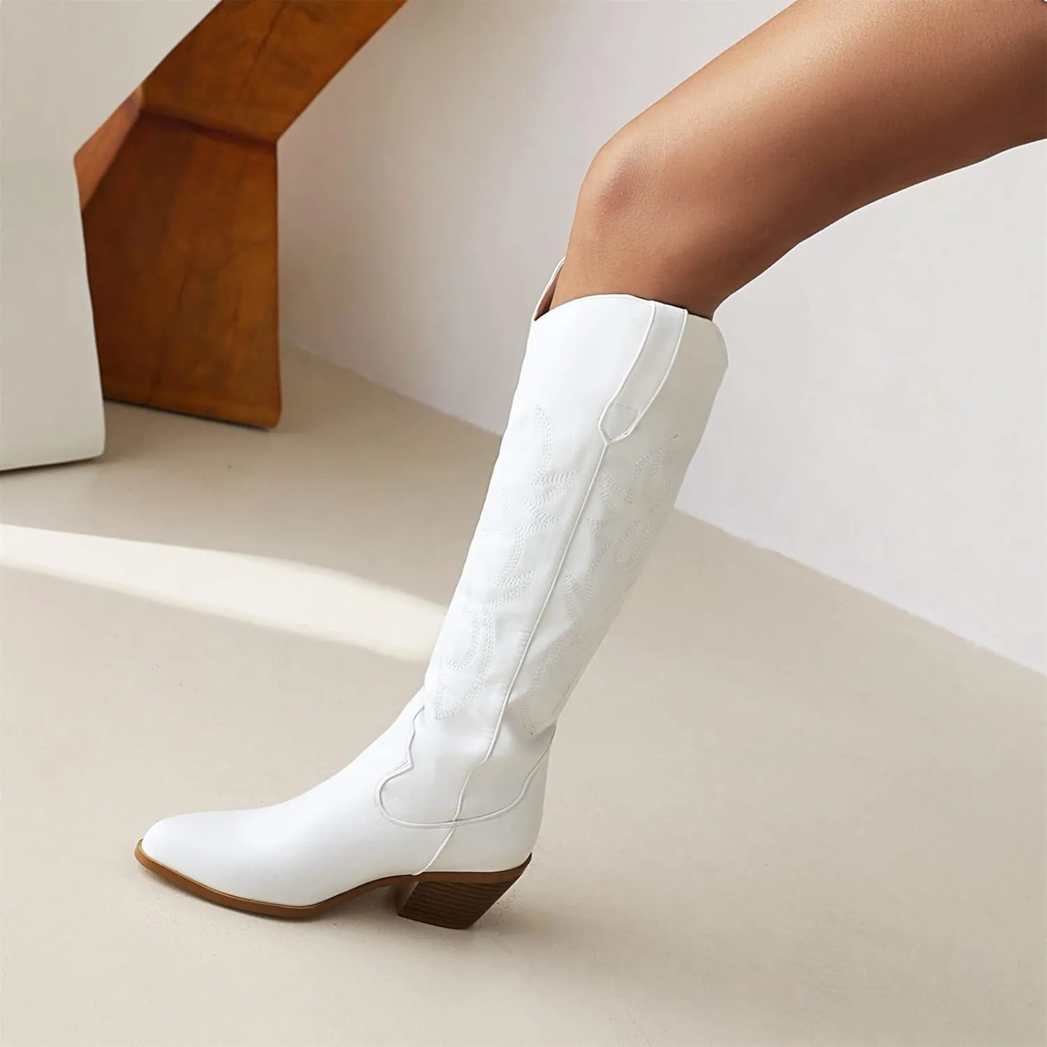 Cowboy Boots For Women Mid Calf Cowgirl Western Boots Embroidered Pull-On Chunky Heel Knee High Pointed Toe Fashion Boot