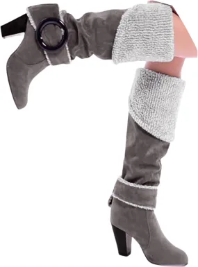 Crzidha Thigh High Boots for Women,Winter Warm Pulsh Winter Lined High Heel Over The Knee High Boots Vintage Suede Buckle Strap Foldable Shoe Collar Boots for Ladies Dressy Casual Wedding Party