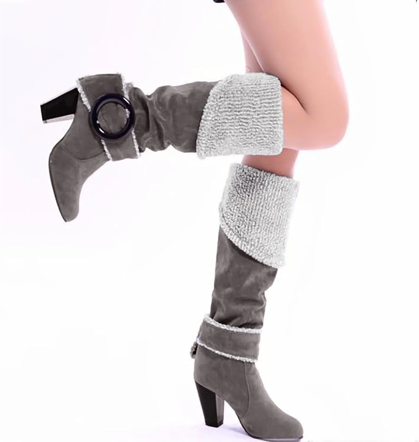 Crzidha Thigh High Boots for Women,Winter Warm Pulsh Winter Lined High Heel Over The Knee High Boots Vintage Suede Buckle Strap Foldable Shoe Collar Boots for Ladies Dressy Casual Wedding Party