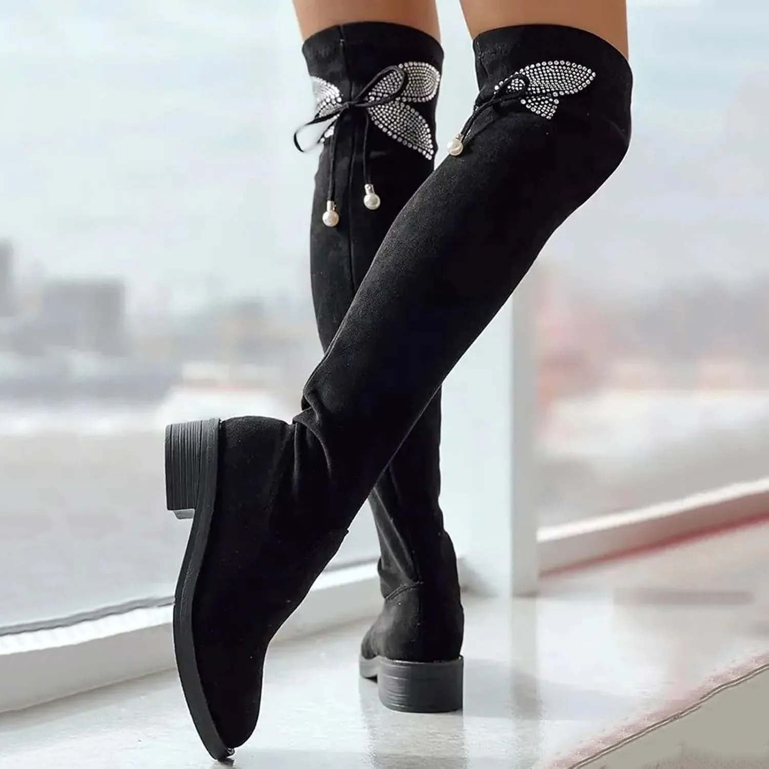 Fall Boots Womens Suede Winter Fall Over The Knee High Low Block Heel Riding Boots Women's Thigh High Boots