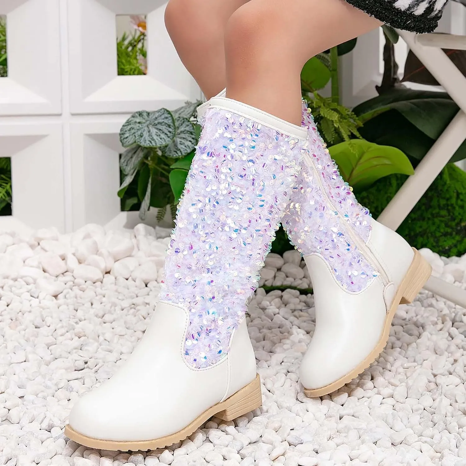 Girls Cowgirl Boots Child Mid Calf Warm Fur Lined Glitter Toddler Cowboy Boot Little Big Kids Western Riding Shoes