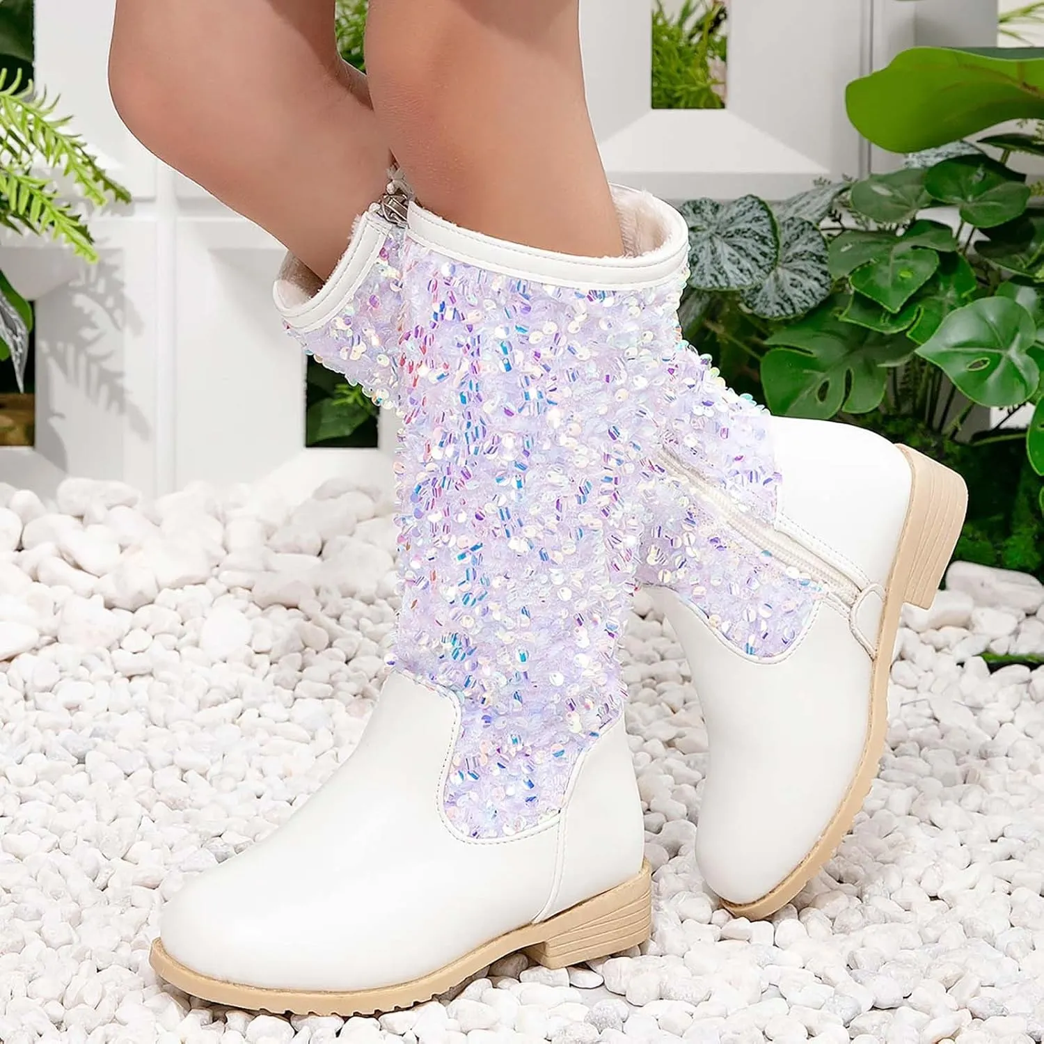 Girls Cowgirl Boots Child Mid Calf Warm Fur Lined Glitter Toddler Cowboy Boot Little Big Kids Western Riding Shoes