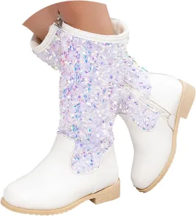 Girls Cowgirl Boots Child Mid Calf Warm Fur Lined Glitter Toddler Cowboy Boot Little Big Kids Western Riding Shoes