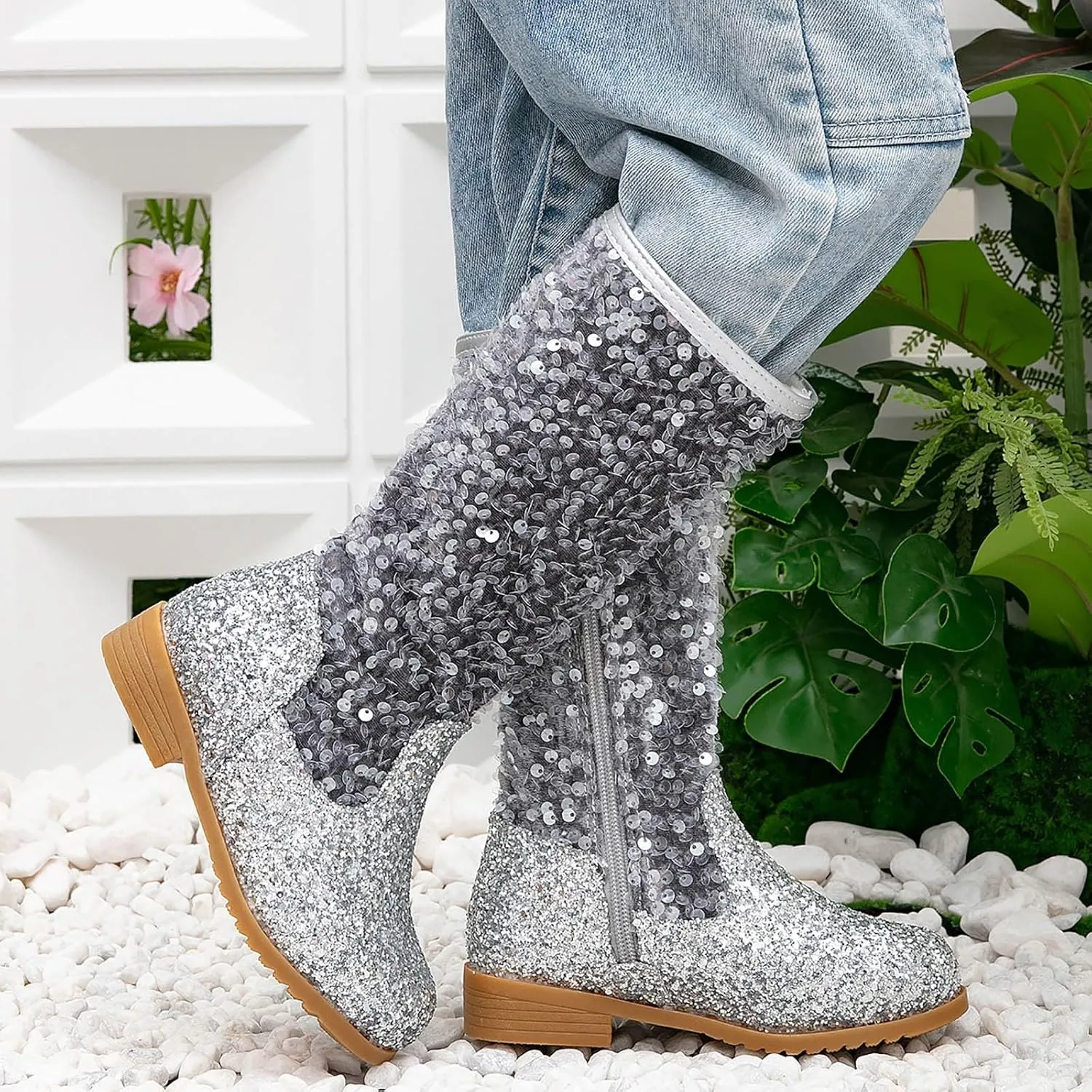 Girls Cowgirl Boots Child Mid Calf Warm Fur Lined Glitter Toddler Cowboy Boot Little Big Kids Western Riding Shoes