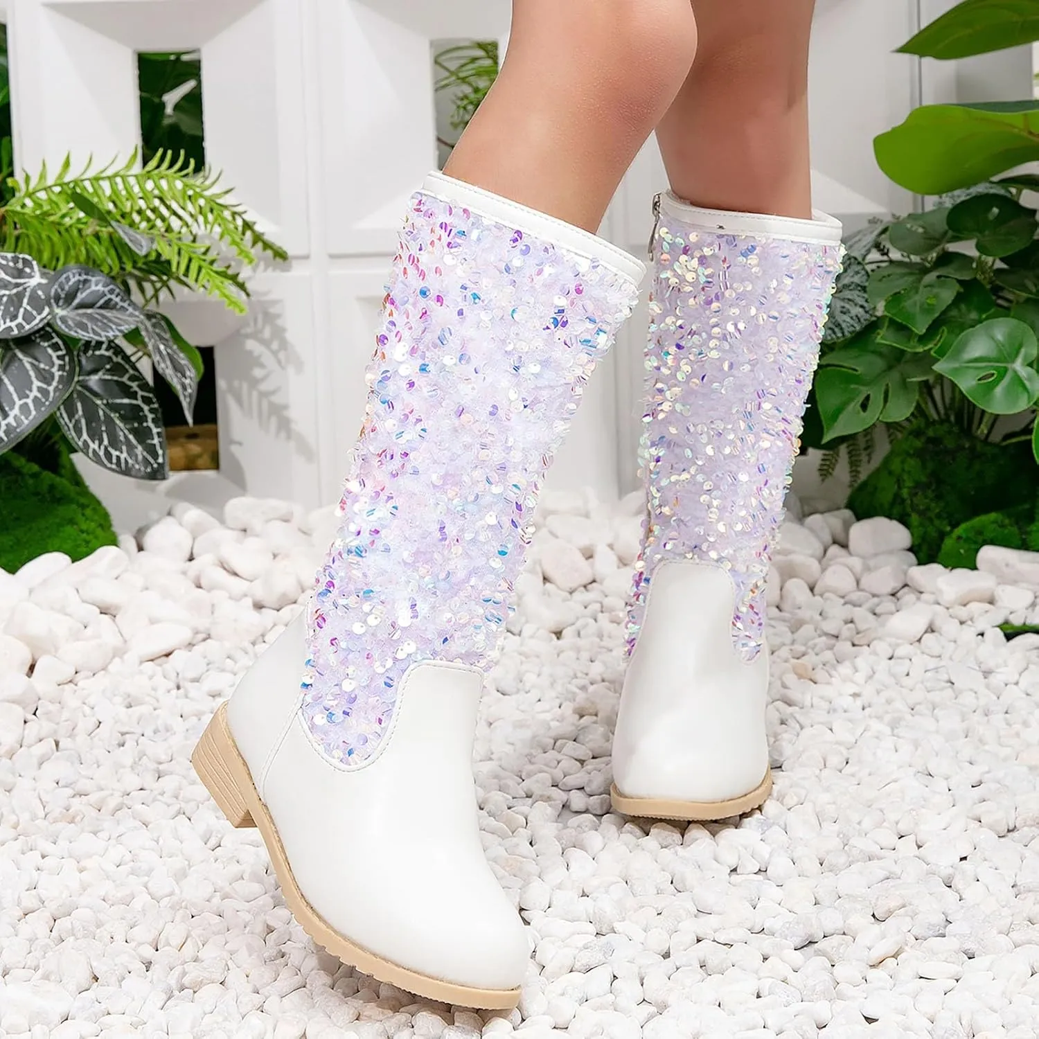 Girls Cowgirl Boots Child Mid Calf Warm Fur Lined Glitter Toddler Cowboy Boot Little Big Kids Western Riding Shoes