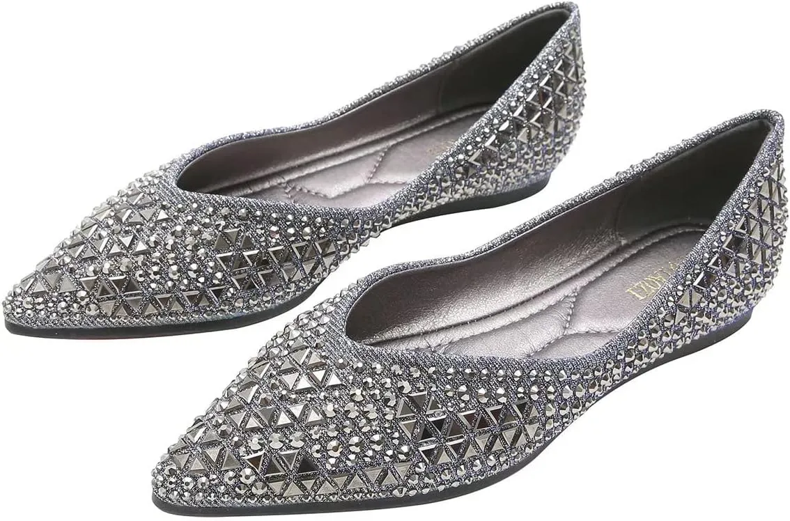 Hee grand Women's Slip On Ballet Flats Fashion Rhinestone Pointed Toe Shallow Flat Shoes Wedding Shoes for Party Wedding Shoes for Party