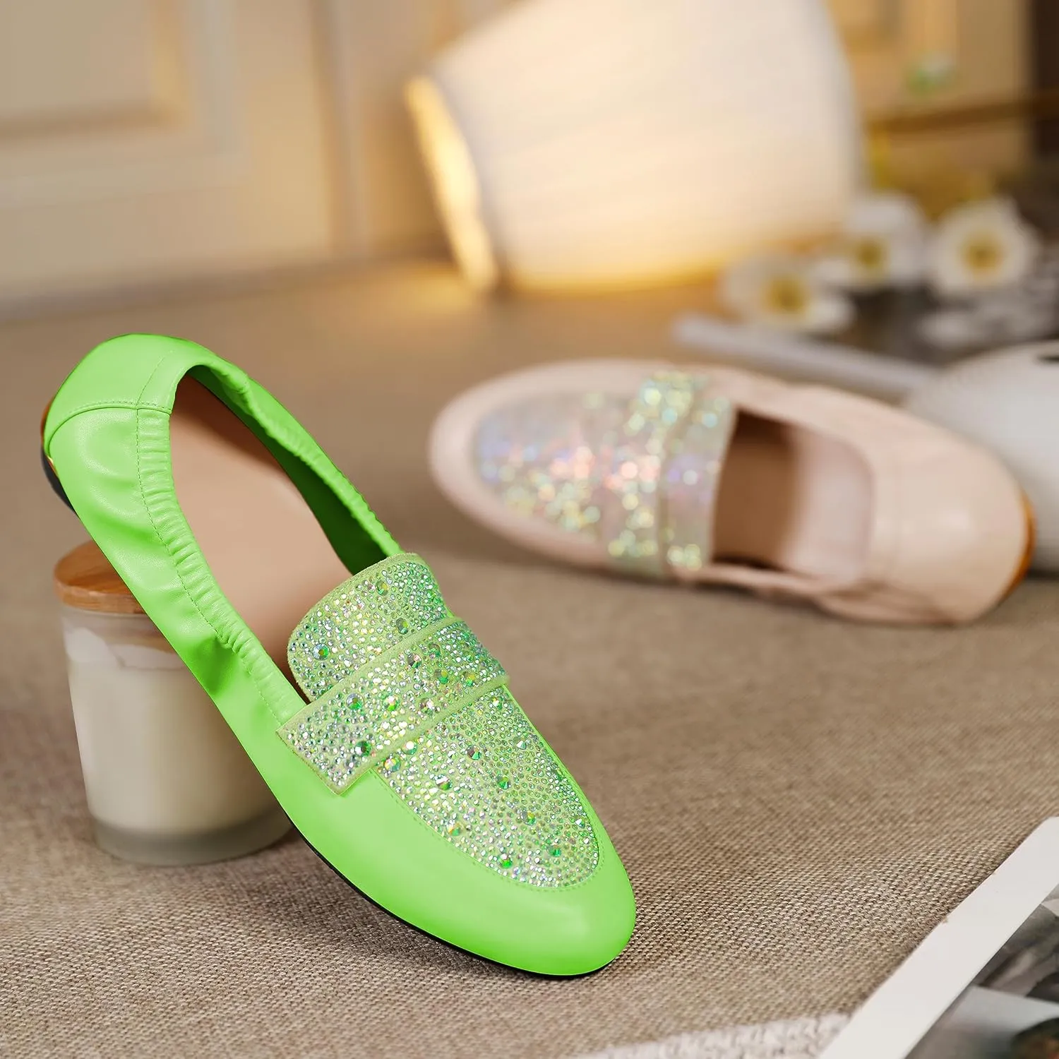 Joseywade Women's Ballet Flat Shoes Round Toe Slip On Rhinstone Walking Flats Cute Casual Low Comfort Soft Dress Shoes