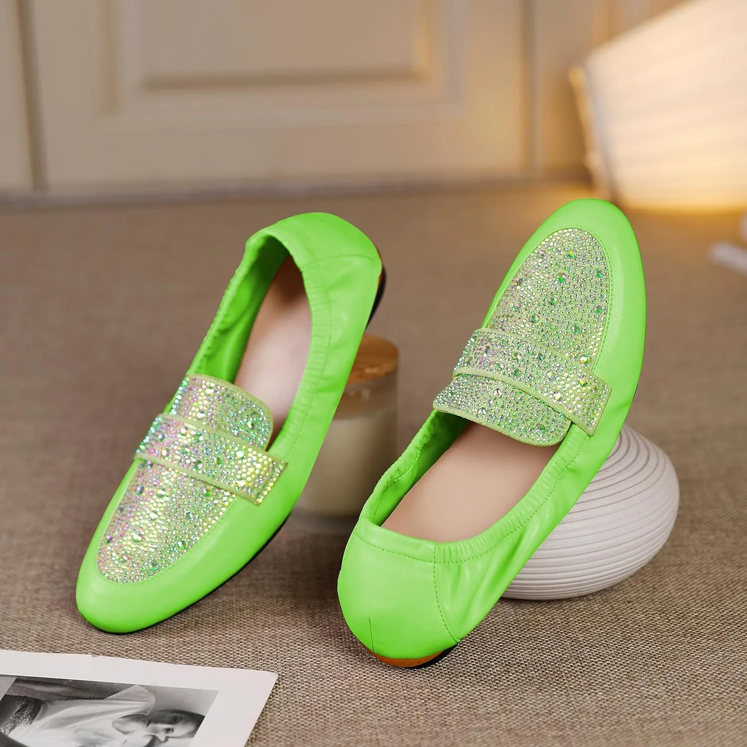 Joseywade Women's Ballet Flat Shoes Round Toe Slip On Rhinstone Walking Flats Cute Casual Low Comfort Soft Dress Shoes