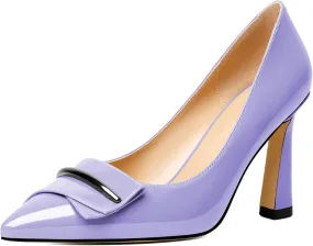 Joseywade Womens High Stilettos Heels Pointed Toe Pumps Slip-on Closed Toe Bow Buckle 3.5 Inch Dress Shoes