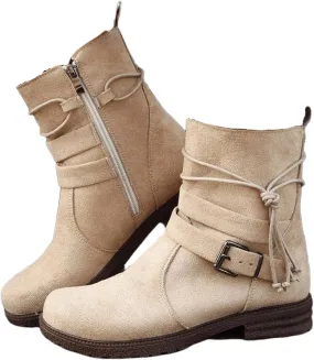 Ladmiple Boots For Women Low Heel Mid Calf Dress Biker Boots Side Zipper Motorcycle Combat Riding Military Ankle Booties