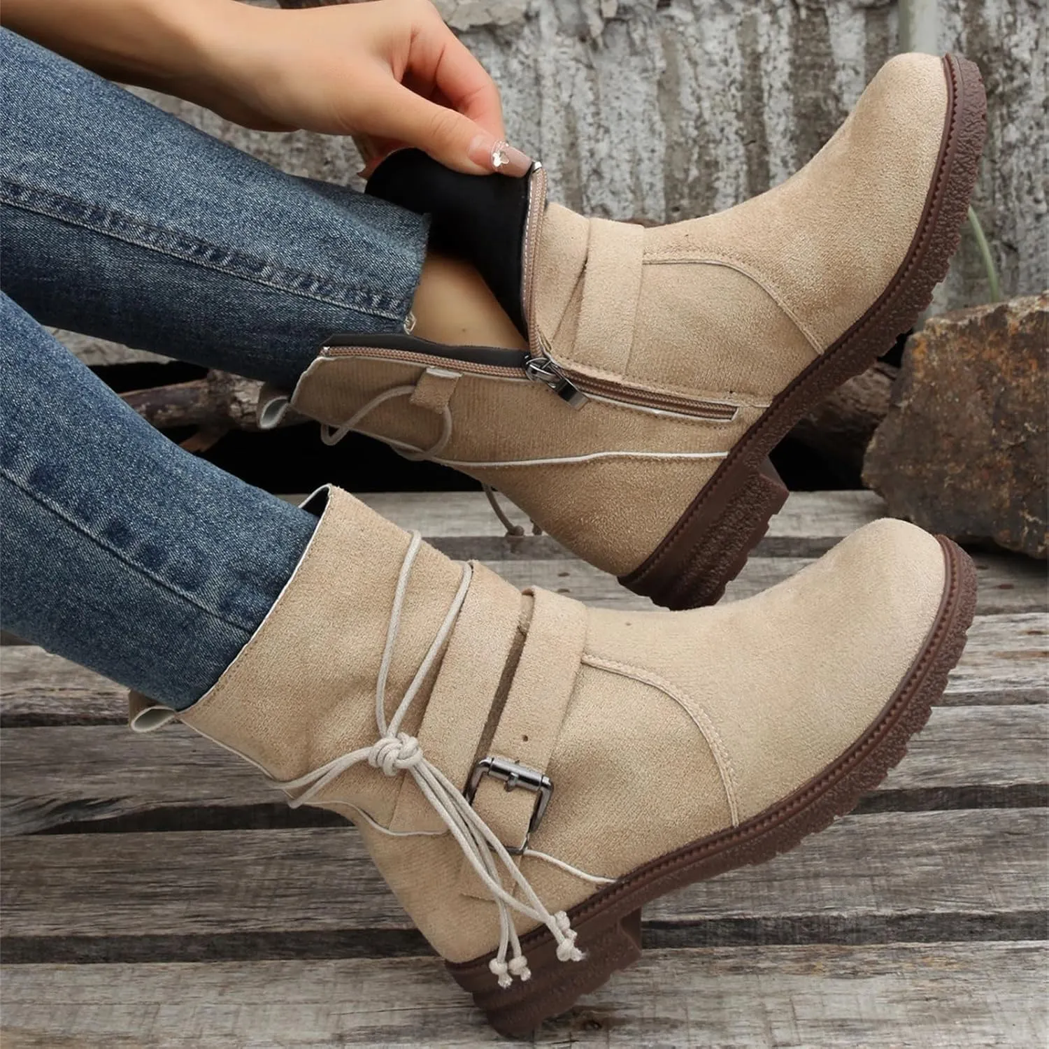 Ladmiple Boots For Women Low Heel Mid Calf Dress Biker Boots Side Zipper Motorcycle Combat Riding Military Ankle Booties