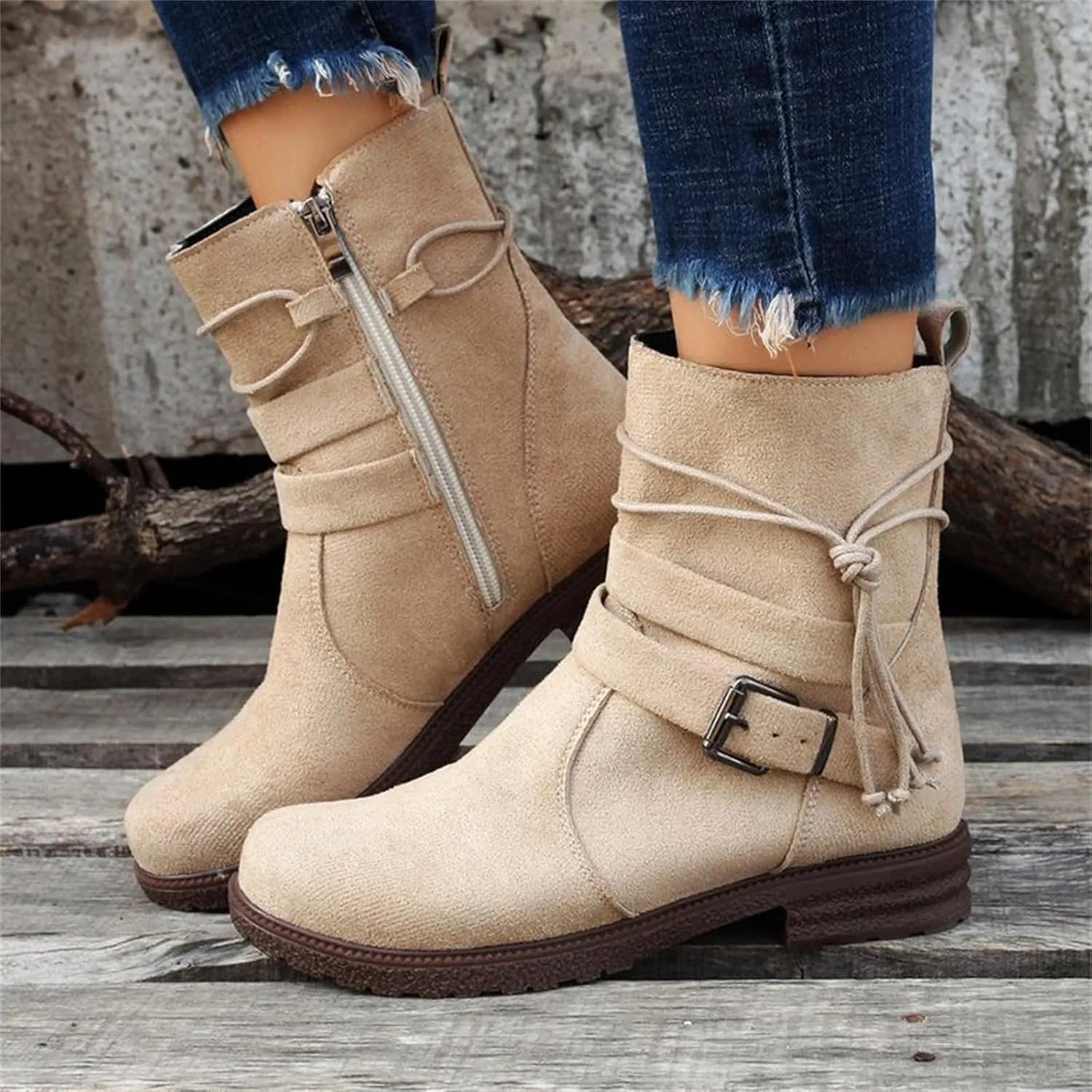 Ladmiple Boots For Women Low Heel Mid Calf Dress Biker Boots Side Zipper Motorcycle Combat Riding Military Ankle Booties