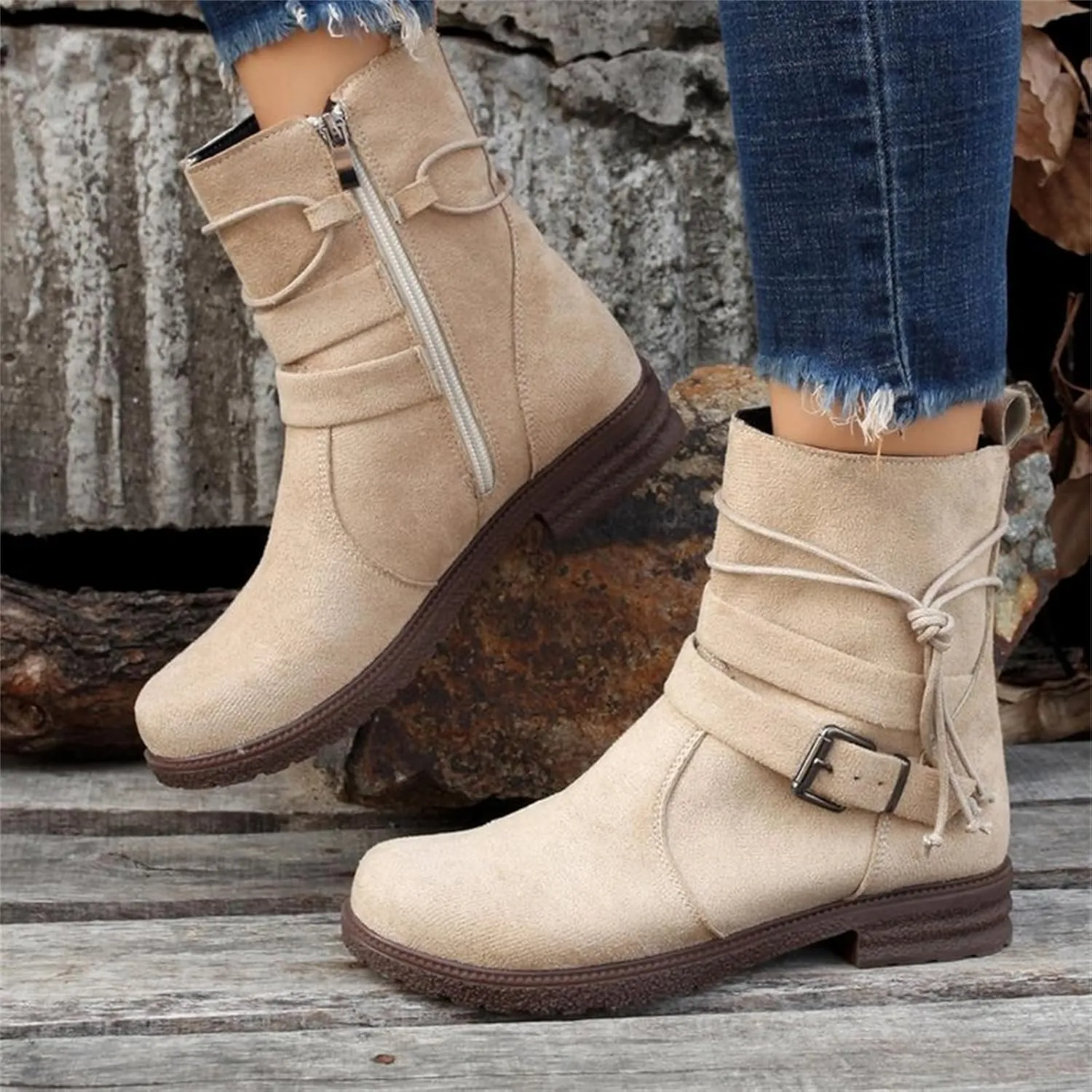 Ladmiple Boots For Women Low Heel Mid Calf Dress Biker Boots Side Zipper Motorcycle Combat Riding Military Ankle Booties
