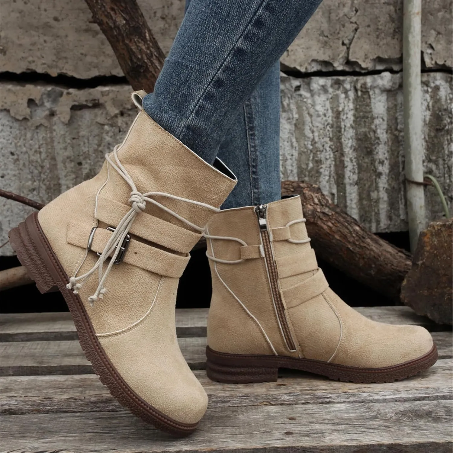 Ladmiple Boots For Women Low Heel Mid Calf Dress Biker Boots Side Zipper Motorcycle Combat Riding Military Ankle Booties