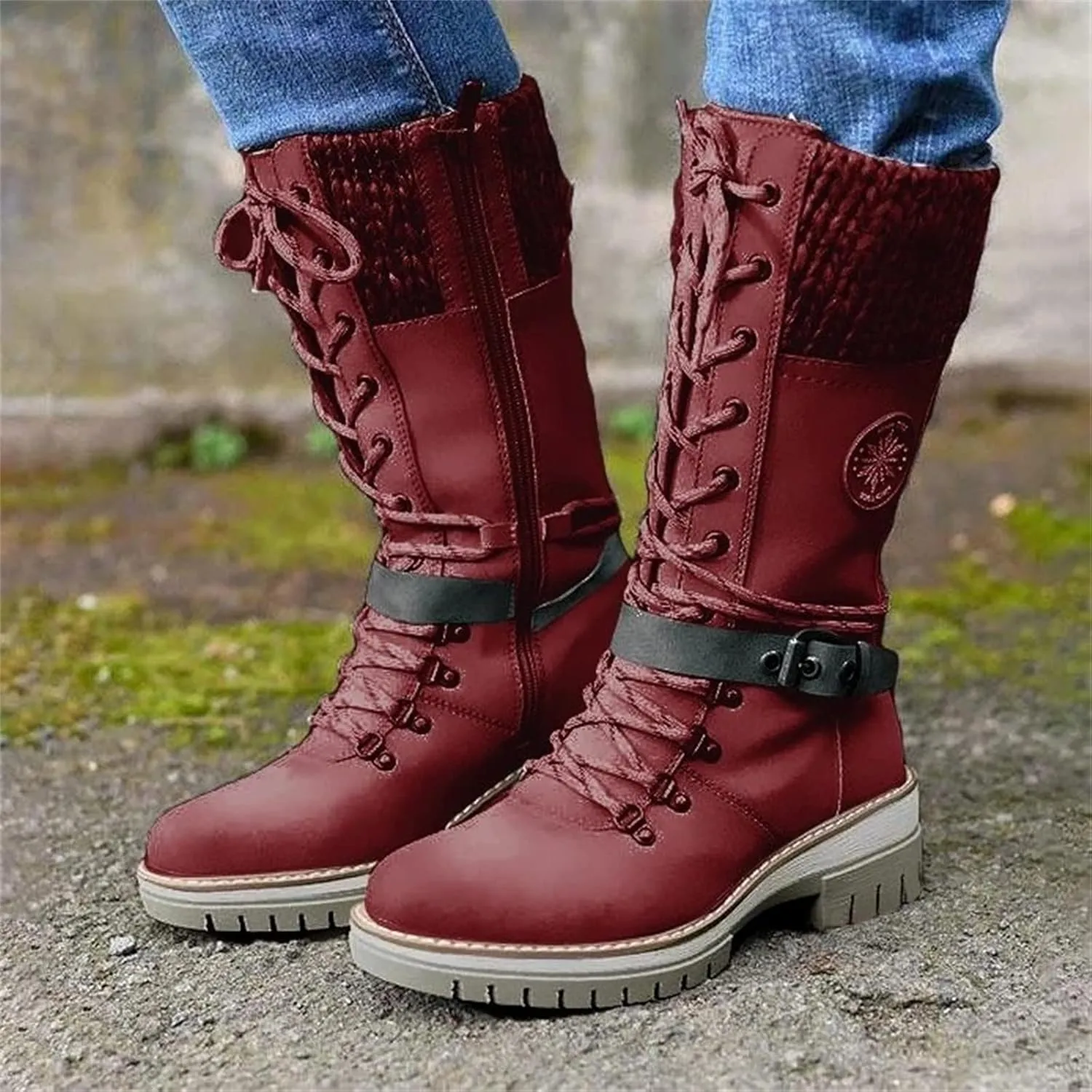 Ladmiple Combat Boots Womens Mid Calf Side Zipper Military Shoes Low Heel Motorcycle Riding Biker Western Dress Ankle Booties