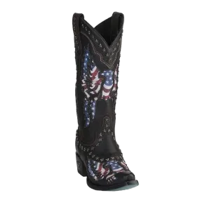 Lane Ladies Old Glory American Flag Jet Black Snip Toe Boots LB0414A