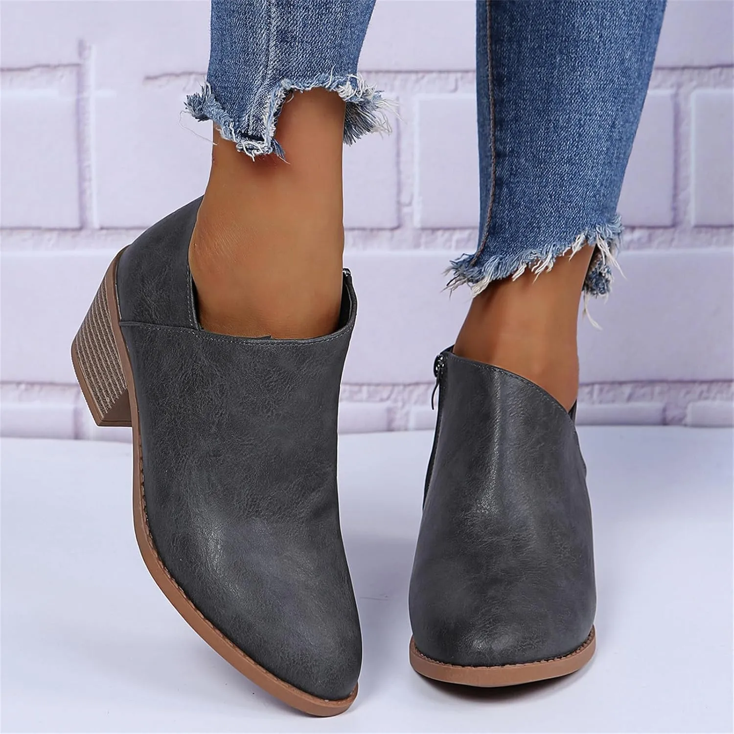 Lausiuoe Ankle Boots For Women Dressy Chunky Heel Fashion Short Boots Side Zipper Booties Wide Width Western Shoes