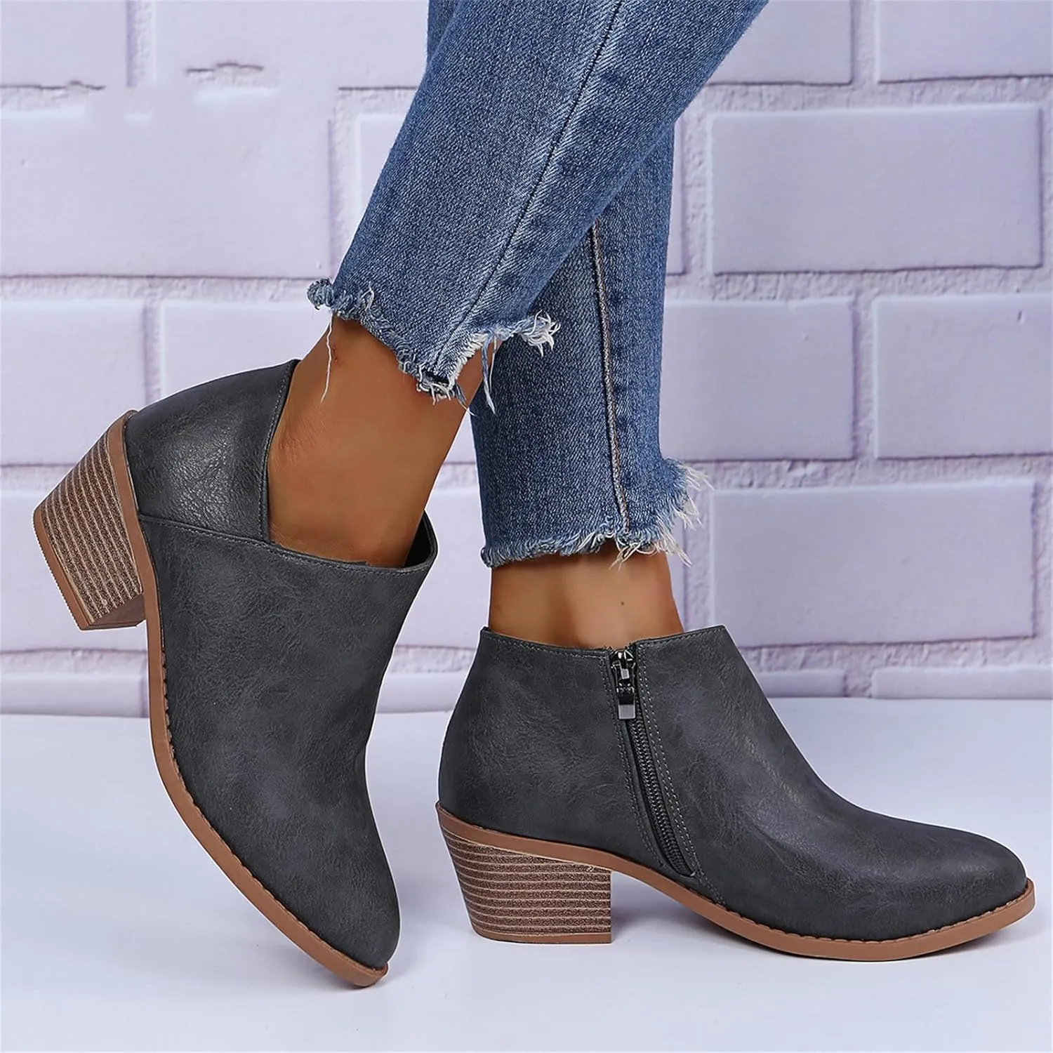 Lausiuoe Ankle Boots For Women Dressy Chunky Heel Fashion Short Boots Side Zipper Booties Wide Width Western Shoes
