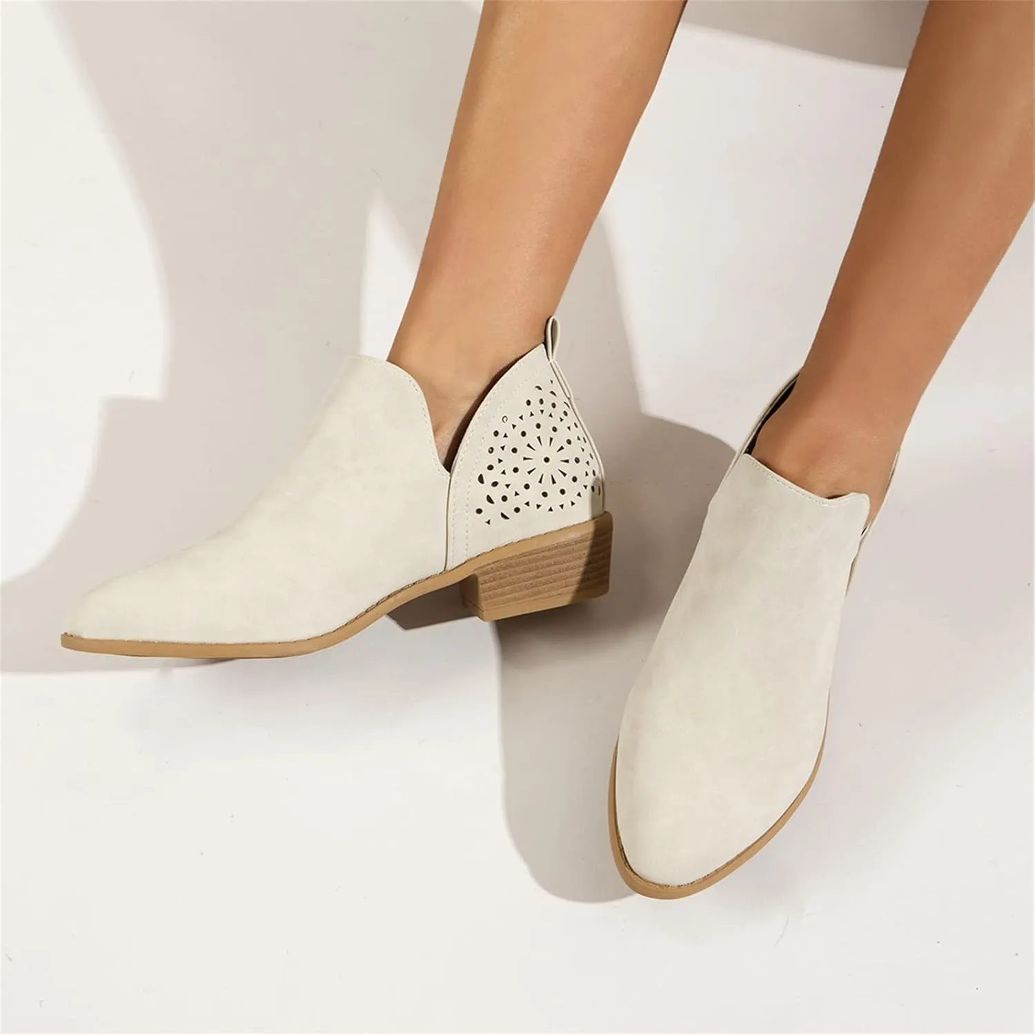 Lausiuoe Boots For Women Ankle Booties Sexy Low Heels Cutout Block Stacked Chunky Heel Casual Dressy Slip on Wide Boots
