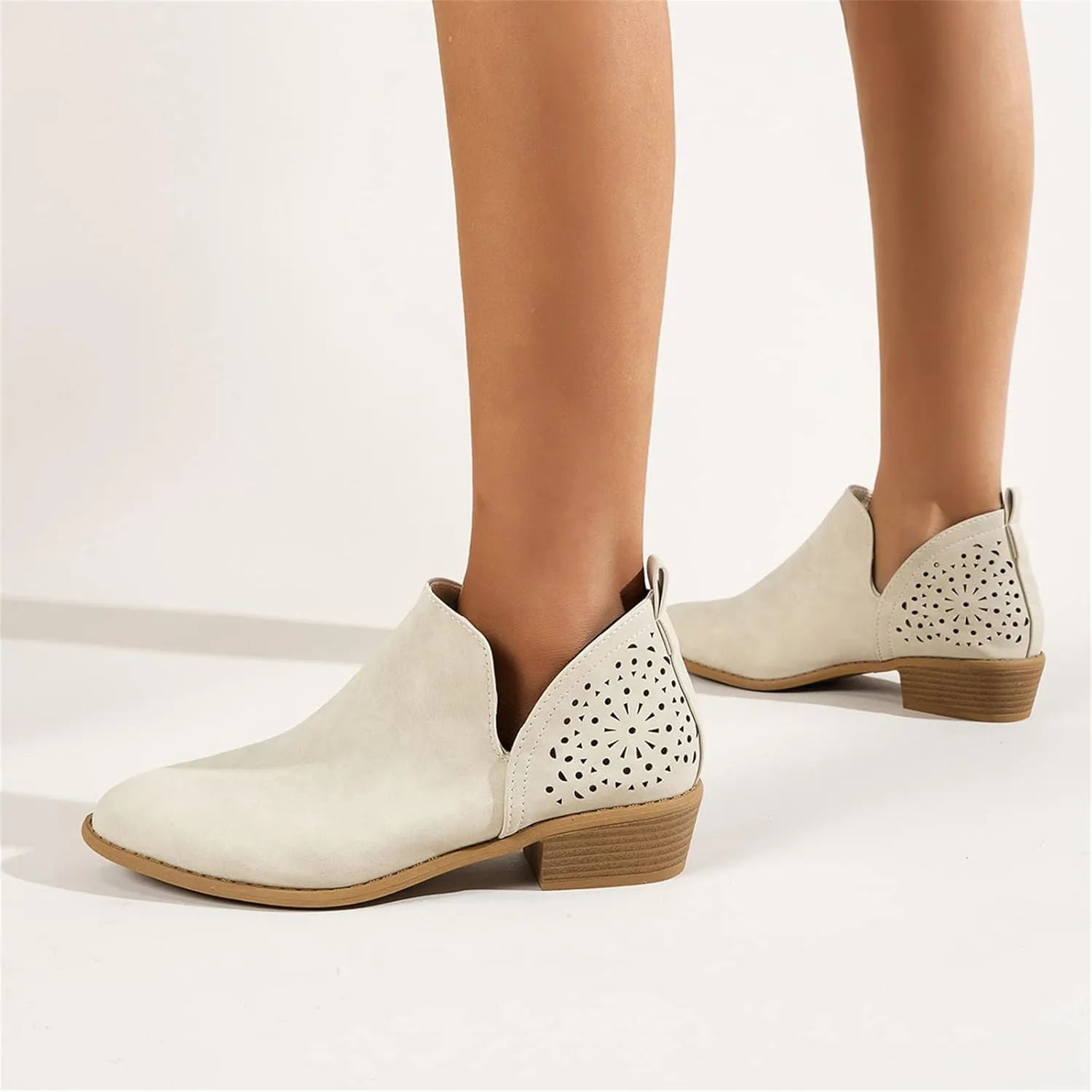 Lausiuoe Boots For Women Ankle Booties Sexy Low Heels Cutout Block Stacked Chunky Heel Casual Dressy Slip on Wide Boots