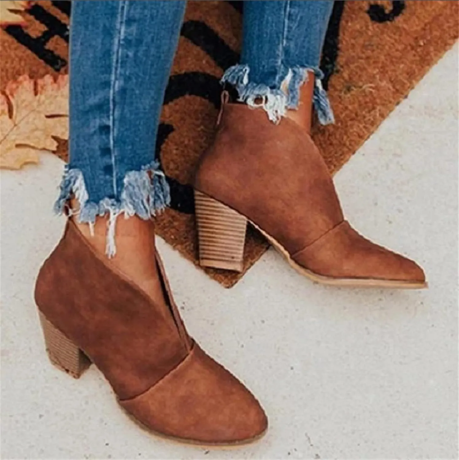 Lausiuoe Boots For Women Ankle Booties Sexy Low Heels Cutout Block Stacked Chunky Heel Casual Dressy Slip on Wide Boots