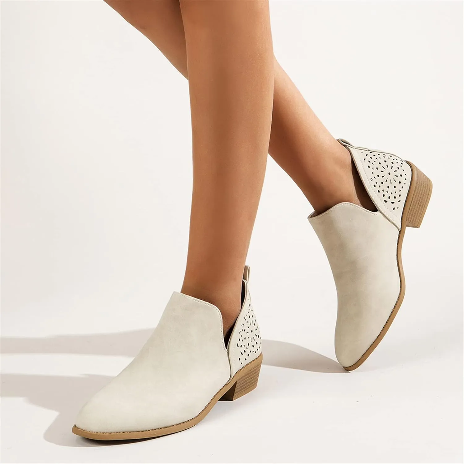 Lausiuoe Boots For Women Ankle Booties Sexy Low Heels Cutout Block Stacked Chunky Heel Casual Dressy Slip on Wide Boots