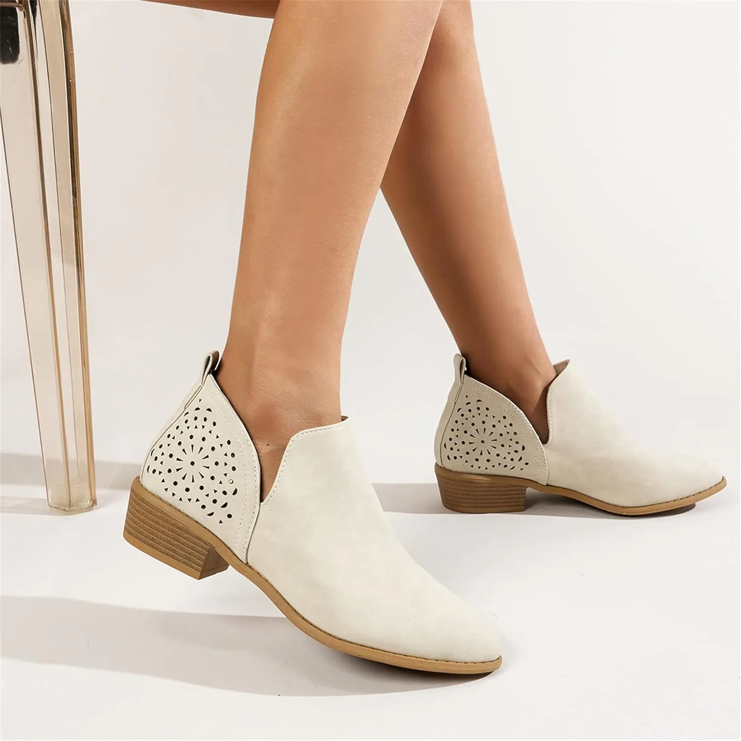 Lausiuoe Boots For Women Ankle Booties Sexy Low Heels Cutout Block Stacked Chunky Heel Casual Dressy Slip on Wide Boots