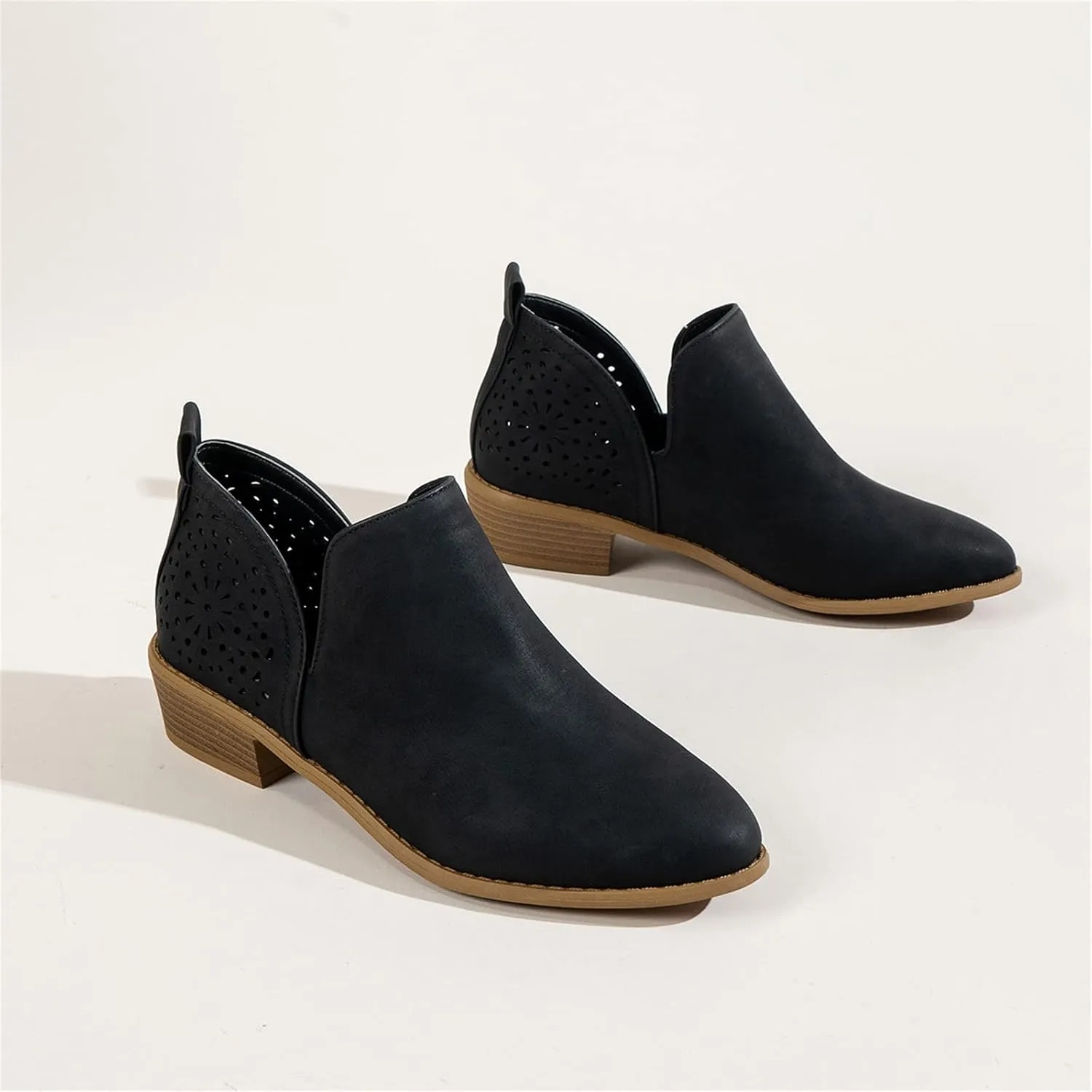 Lausiuoe Womens Boots Ankle Low Heel Chunky Block Cutout Booties Casual Dressy Wide Width Fashion Slip on Western Shoes