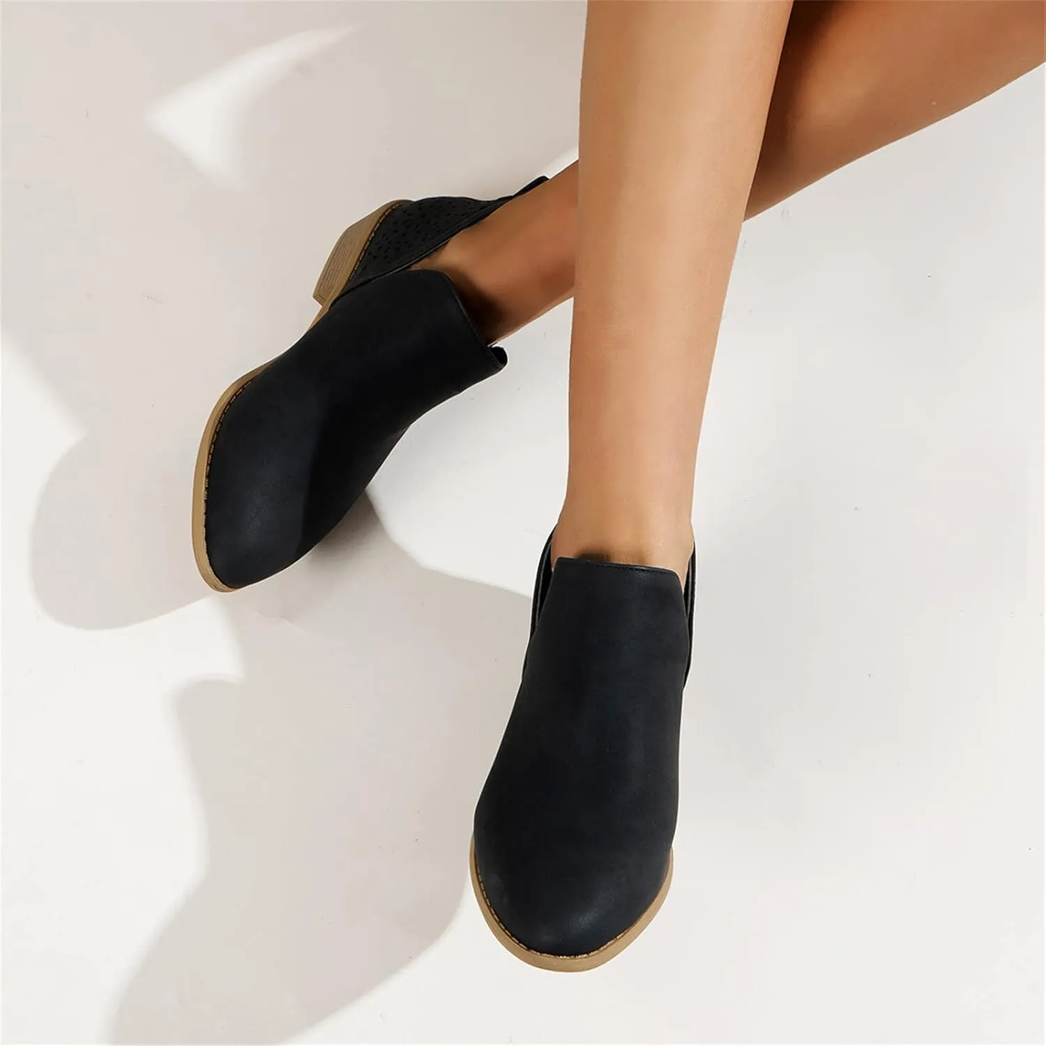 Lausiuoe Womens Boots Ankle Low Heel Chunky Block Cutout Booties Casual Dressy Wide Width Fashion Slip on Western Shoes
