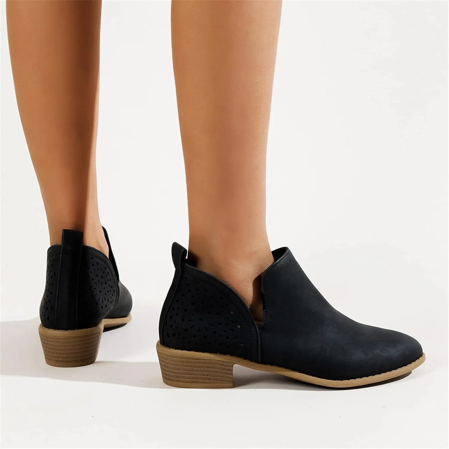 Lausiuoe Womens Boots Ankle Low Heel Chunky Block Cutout Booties Casual Dressy Wide Width Fashion Slip on Western Shoes