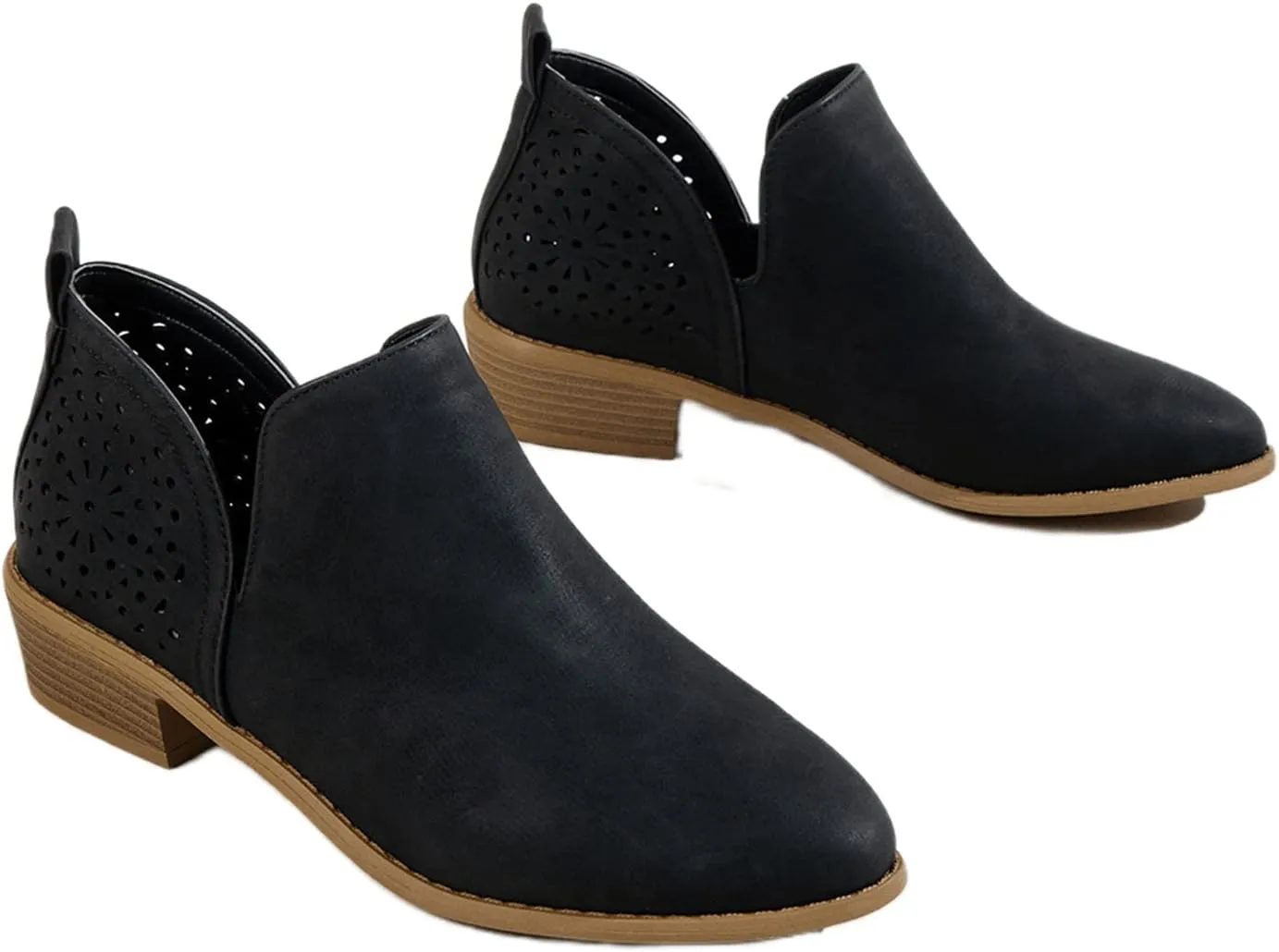 Lausiuoe Womens Boots Ankle Low Heel Chunky Block Cutout Booties Casual Dressy Wide Width Fashion Slip on Western Shoes