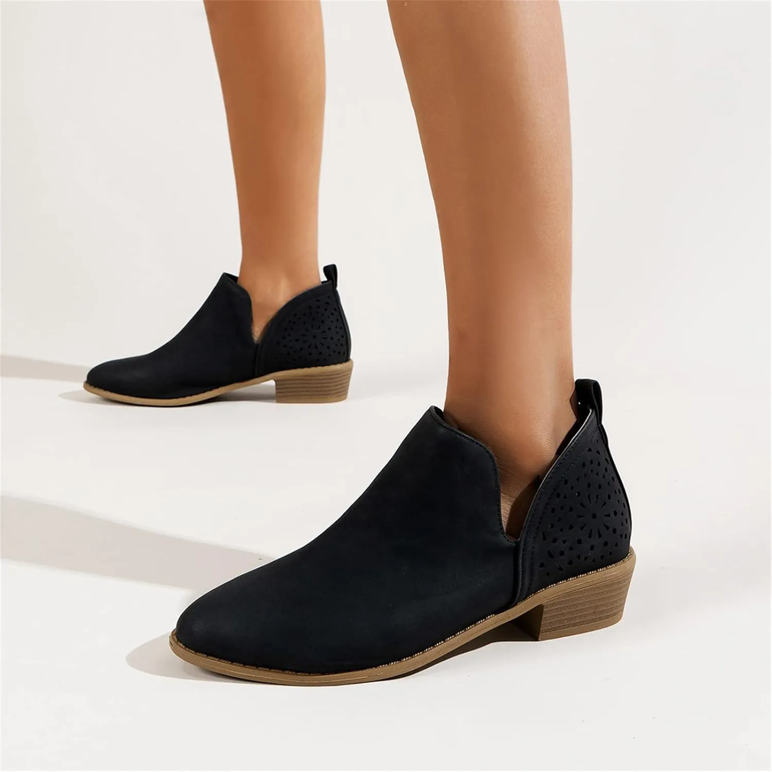 Lausiuoe Womens Boots Ankle Low Heel Chunky Block Cutout Booties Casual Dressy Wide Width Fashion Slip on Western Shoes