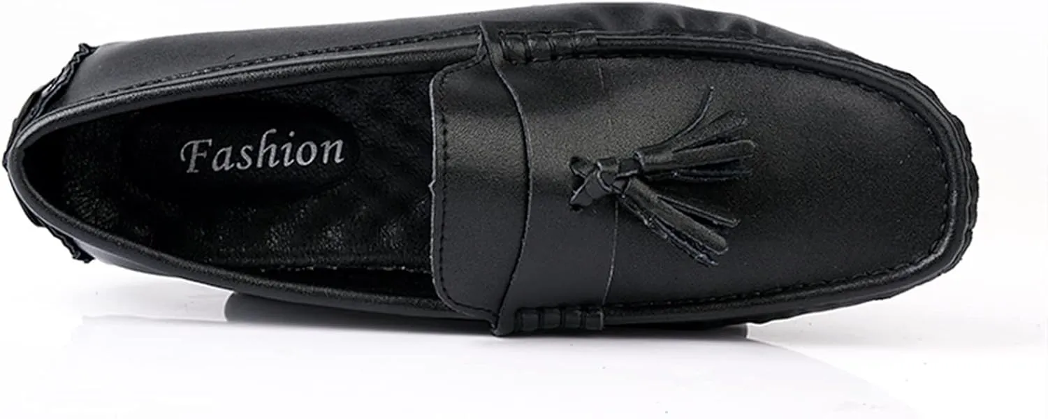 Loafer Shoes for Men Genuine Leather Tassel Stitching Details Round Toe Anti-Slip Flat Heel Flexible Driving Slip on for Any Attire
