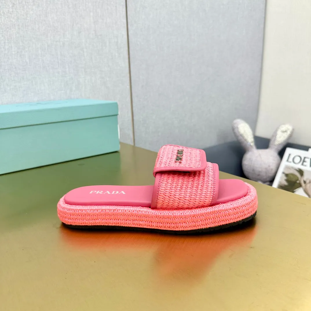 PRA CROCHET SLIDES SLIPPERS HOT PINK RAFFIA