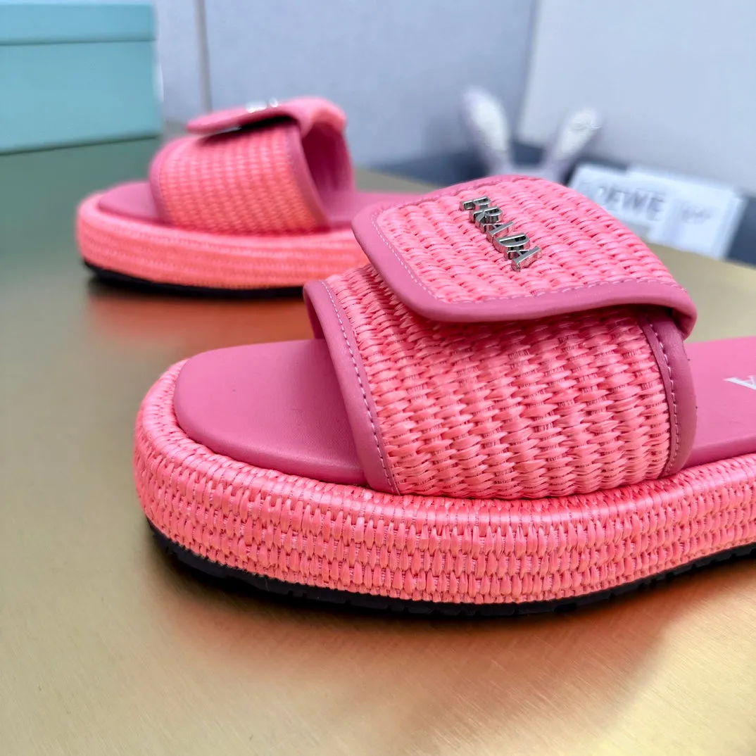 PRA CROCHET SLIDES SLIPPERS HOT PINK RAFFIA